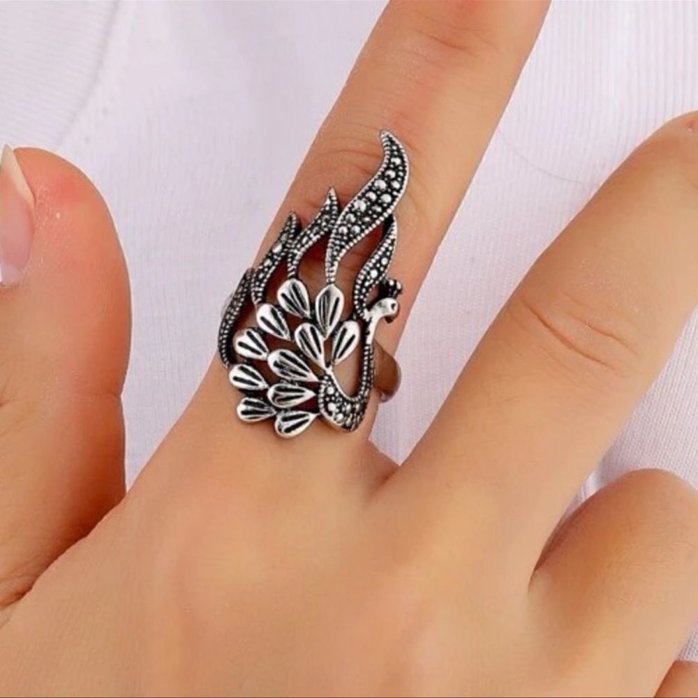 Silver Peacock Cuff Ring